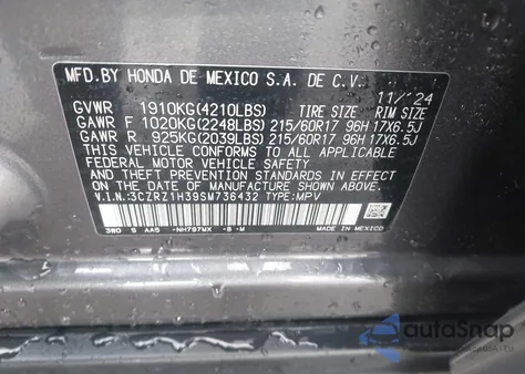 2025 Honda Hr-V 2Wd Lx from USA, damaged, VIN 3CZRZ1H39SM736432